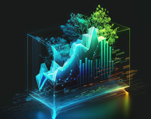 Trading business green economy chart on dark colorful neon background. Financial stock market graph on technology abstract background. AI